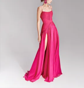 Fuschia Dress with High Slit Chiffon Skirt