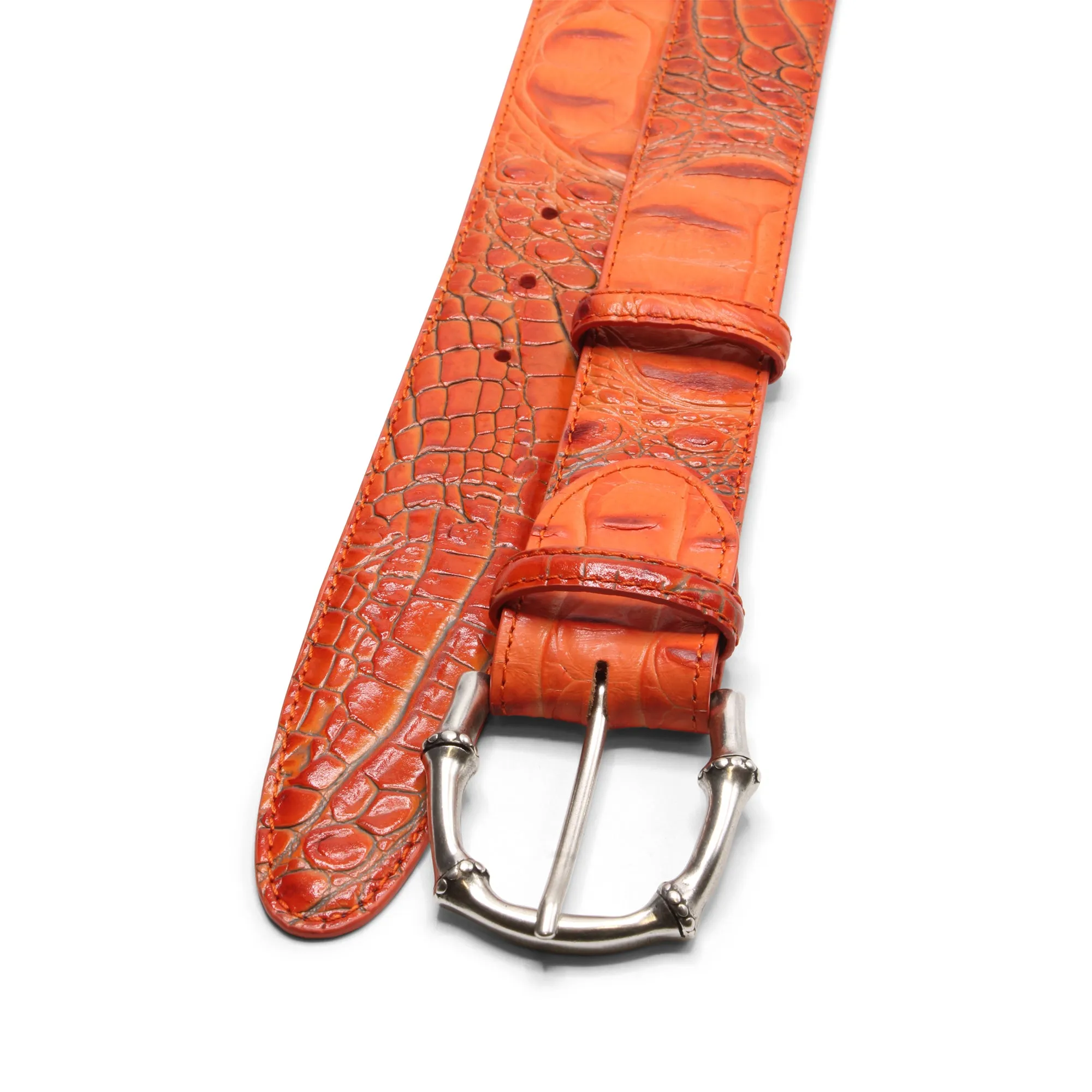 Tangerine Mock Caiman Bamboo Prong Belt